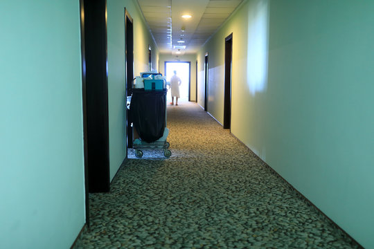 Cleaning Cart In Hotel Corridor