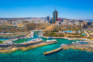 Aerial view of the Marina Bay, Portomaso tower in St. Julians city. Malta island