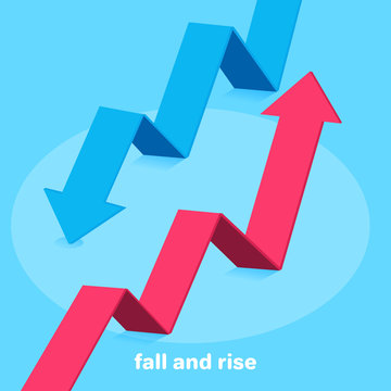 isometric vector image on a blue background, a red arrow going up and blue down, success or failure in business