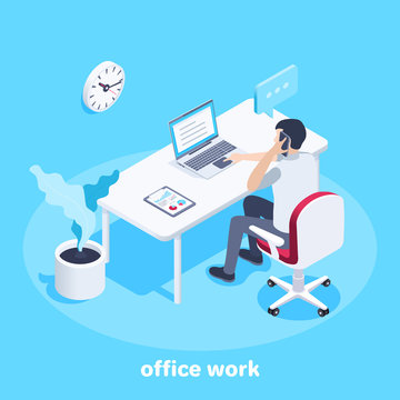 isometric vector image on a blue background, a man works in an office at a desk and a laptop, a man talking on the phone