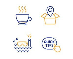 Espresso, Scuba diving and Package location icons simple set. Quick tips sign. Hot drink, Trip swimming, Delivery tracking. Helpful tricks. Linear espresso icon. Colorful design set. Vector