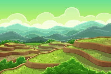 Rice fields plantation, mountain cascade landscape