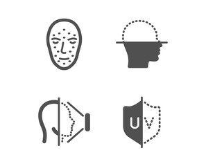 Set of Face id, Face scanning and Uv protection icons. Phone scanning, Faces detection, Facial recognition. Ultraviolet.  Classic design face id icon. Flat design. Vector