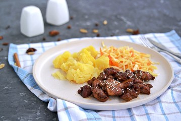 Sticky Indian style spiced chicken with a side dish of boiled potatoes and fresh cabbage salad on a white clay plate. Indian food.