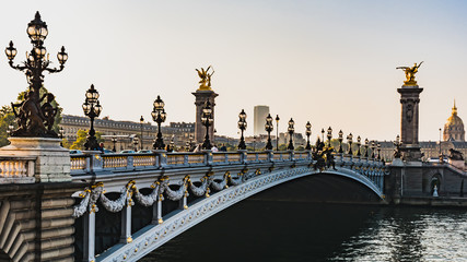 Morgensonnenaufgang gegen das Licht auf dem schönen Pont Alexandre III in Paris - Paris, Frankreich