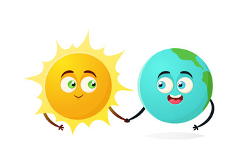 Doodle Cartoon Characters. Best Friends: Earth and Sun. Vector Illustration