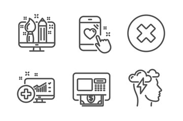 Medical analytics, Creative design and Heart rating icons simple set. Close button, Atm and Mindfulness stress signs. Medicine system, Designer. Technology set. Line medical analytics icon. Vector