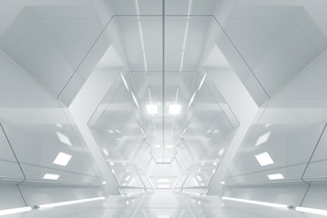 Fototapeta na wymiar Abstract hexagon Spaceship corridor. Futuristic tunnel with light. Future interior background, business, sci-fi science concept. 3d rendering