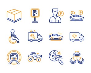 Ambulance emergency, Disabled and Car service icons simple set. Search flight, Valet servant and Parking signs. Car, Delivery box and Parking security symbols. Metro subway, Tractor and Ship. Vector