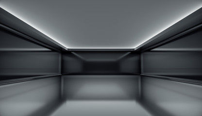 Contemporary futuristic concept background with black screen. Empty future clean dark box interior room With Light. 3D Rendering.