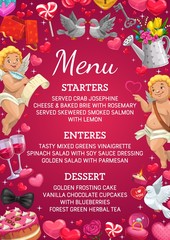 Wedding party menu dishes, pink hearts and flowers