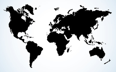 World map. Continents with the contours of the countries. Vector drawing