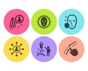 Startup, Face protection and Fireworks icons simple set. Face detect, Networking and Swipe up signs. Developer, Secure access. People set. Flat startup icon. Circle button. Vector