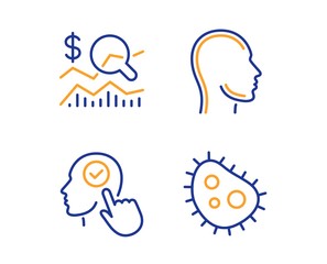 Select user, Head and Check investment icons simple set. Bacteria sign. Head with checkbox, Human profile, Business report. Antibacterial. Science set. Linear select user icon. Colorful design set