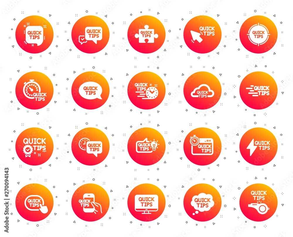 Poster quick tips icons. set of helpful tricks, solution and quickstart guide icons. tutorial, helpful tips