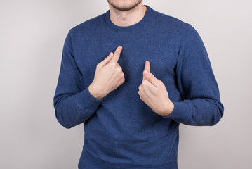 Cropped close-up picture photo portrait of unsure uncertain terrified having problem guy pointing...