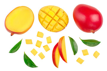 Mango fruit half with slices isolated on white background. Set or collection. Top view. Flat lay