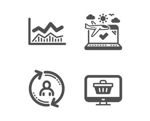 Set of User info, Airplane travel and Trade infochart icons. Web shop sign. Update profile, Check in, Business analysis. Shopping cart.  Classic design user info icon. Flat design. Vector