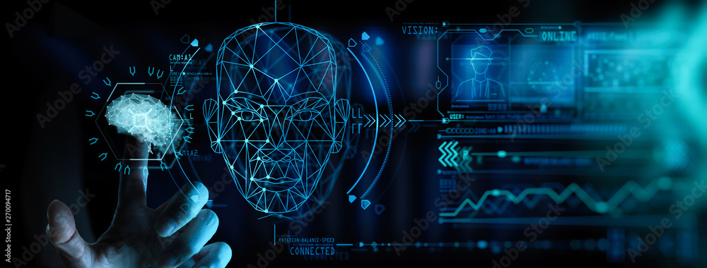 Leinwandbilder Artificial intelligence (AI) with machine deep learning and data mining and another modern computer technologies UI by hand touching low poly icon.