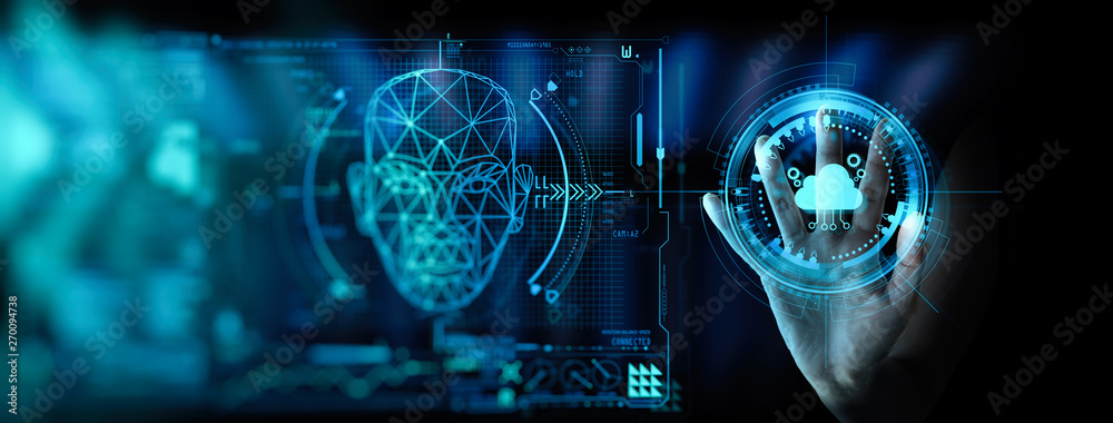 Poster Hand pushing icon Ui of Cloud Computing Technology Internet Storage Network Concept data science trend.