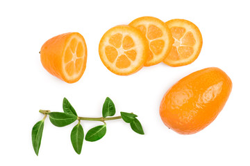 Cumquat or kumquat with slies isolated on white background. Top view. Flat lay