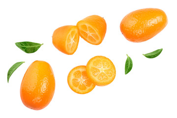 Cumquat or kumquat with slies isolated on white background. Top view. Flat lay