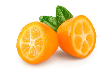 Cumquat or kumquat half isolated on white background