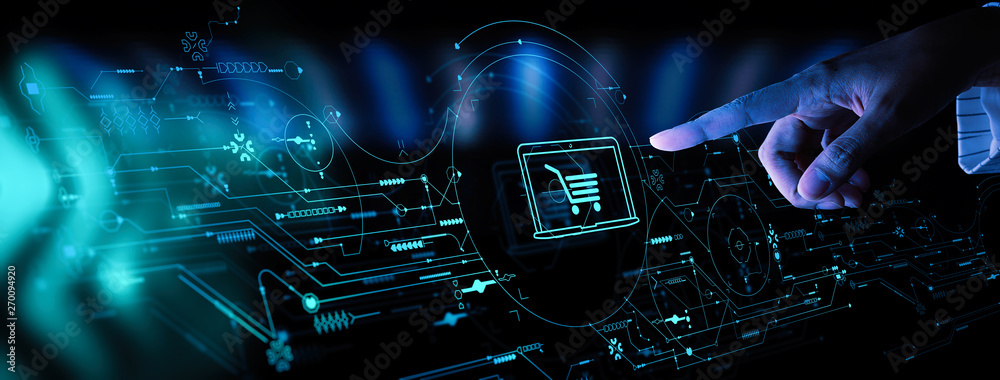 Poster Hand pushing virtual symbol of online shopping with modern UI computer and smart phone.