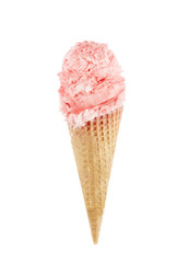 Strawberry ice cream scoops with cone isolated on white background