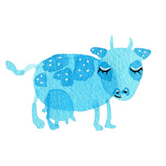 Hand drawn watercolor illustration set funny cartoon cow with udder blue ultramarine isolated on white 