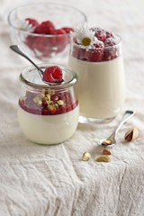 Creamy panna cotta with fresh raspberry