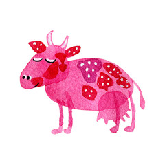 Hand drawn watercolor illustration set funny cartoon cow with udder pink isolated on white