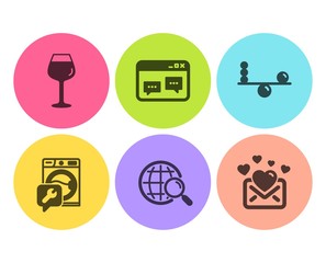 Web search, Washing machine and Browser window icons simple set. Bordeaux glass, Balance and Love mail signs. Find internet, Repair service. Flat web search icon. Circle button. Vector