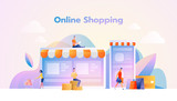 Online Shopping Landing Page. Flat People Characters with Shopping Bags Website Template. Easy to edit and customize. Vector illustration.