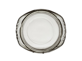 the top view on the empty glass jar of an oval form isolated on a white background