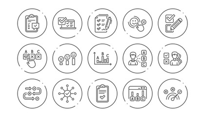 Survey or Report line icons. Opinion, Customer satisfaction and Feedback results. Testing linear icon set. Line buttons with icon. Editable stroke. Vector
