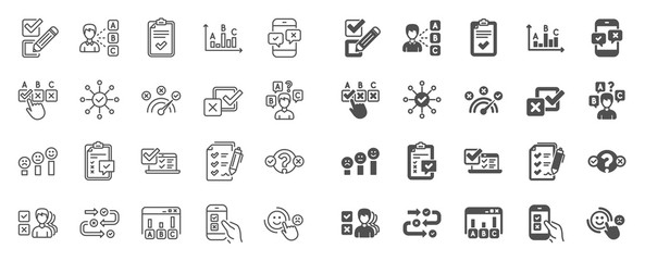 Survey, Report review line icons. Opinion, Customer satisfaction feedback and Test icons. Checklist review, Quiz and Business report symbols. Evaluation quiz, Feedback chart, Management. Vector