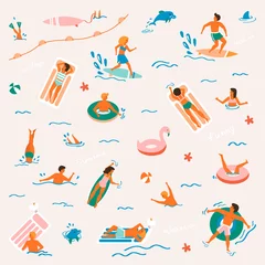Foto op Canvas Summer time beach illustration in vector. People swimming, have a fun, sunbathing and relaxing in the ocean. © Наталья Кириллова