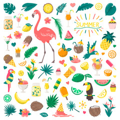 Set of cute summer icons: food, drinks, palm leaves, fruits and flamingo. Bright summertime poster. Collection of scrapbooking elements for beach party.