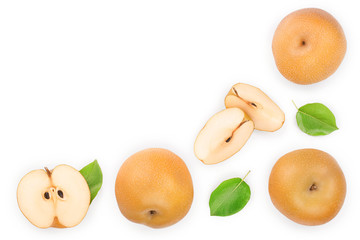 Fresh asian pear with leaves isolated on white background with copy space for your text. Top view. Flat lay.