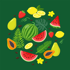 Set of summer fruits and tropical leaves in flat design, vector illustration isolated on green background. Slices of watermelon, papaya, lemon and strawberry. Summertime concept illustration.