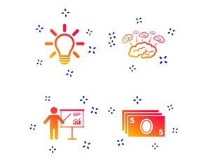Presentation billboard, brainstorm icons. Cash money and lamp idea signs. Man standing with pointer. Scheme and Diagram symbol. Random dynamic shapes. Gradient teamwork icon. Vector