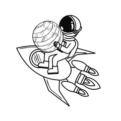 astronaut with spacesuit and rocket in white background