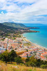 Beautiful seascape in Sicilian Cefalu, Italy photographed from adjacent hills overlooking the bay. The city on Tyrrhenian coast is a popular summer vacation destination