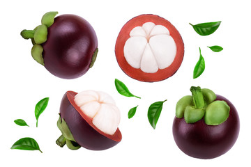 ripe mangosteen with leaves isolated on white background. Top view. Flat lay