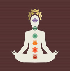 Yoga lotus pose concept with chakra icons