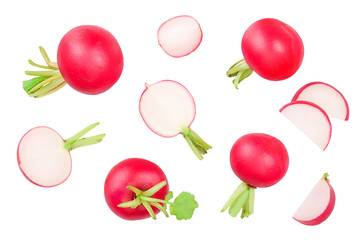 Set of fresh whole and sliced radish isolated on white background. Top view