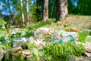 Picture of package with garbage, stone, grass in forest