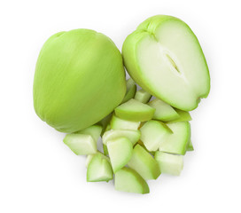 fresh Chayote vegetable isolated on white background. Top view. Flat lay