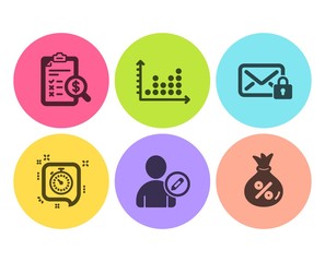 Accounting report, Edit user and Dot plot icons simple set. Timer, Secure mail and Loan signs. Check finance, Profile data. Technology set. Flat accounting report icon. Circle button. Vector